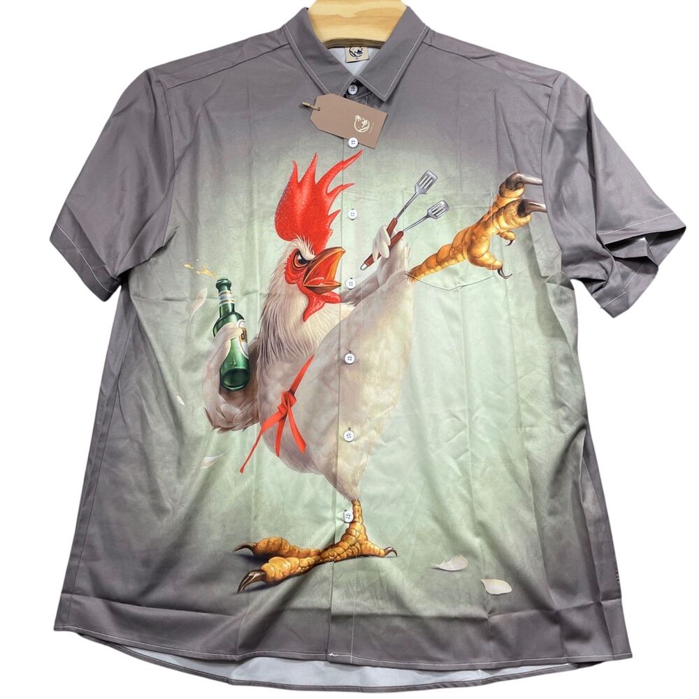 Hardaddy NEW XL Rooster Polyester‎ Button Down Short Sleeve Shirt